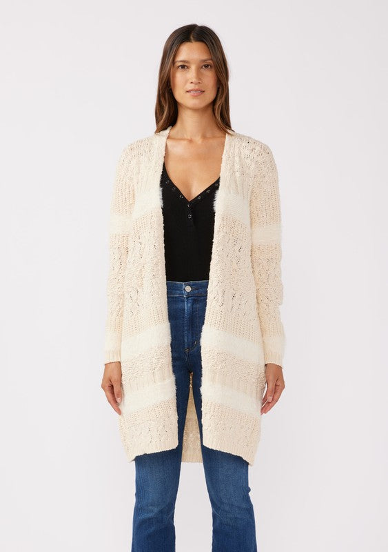 LOVESTITCH: TEXTURED PATCHWORK OPEN FRONT KNIT CARDIGAN