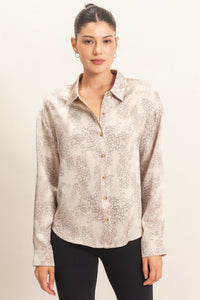 LEOPARD SATIN BUTTON-UP SHIRT - TAUPE