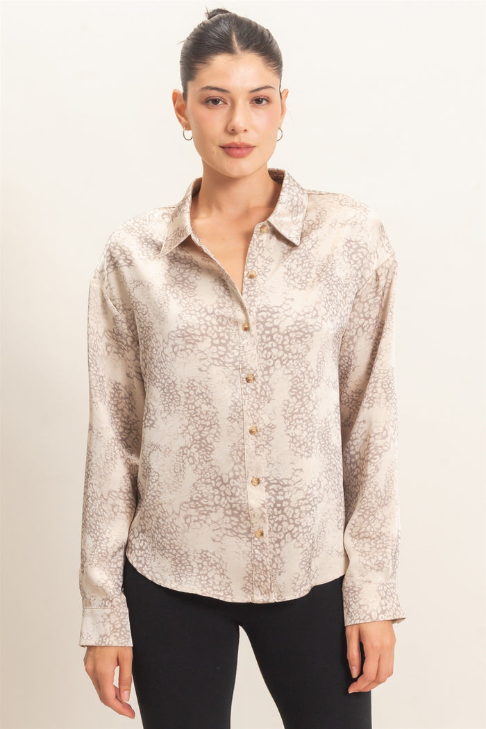 LEOPARD SATIN BUTTON-UP SHIRT - TAUPE