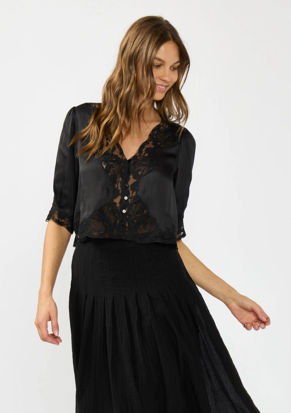 LOVESTITCH: V-NECK BUTTON FRONT BLOUSE WITH LACE TRIM