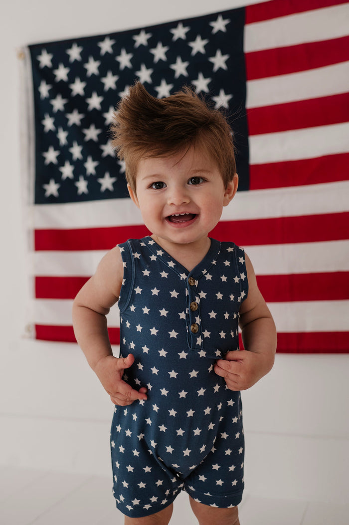 BABYSPROUTS: SLEEVELESS ROMPER - NAVY AMERICAN STARS