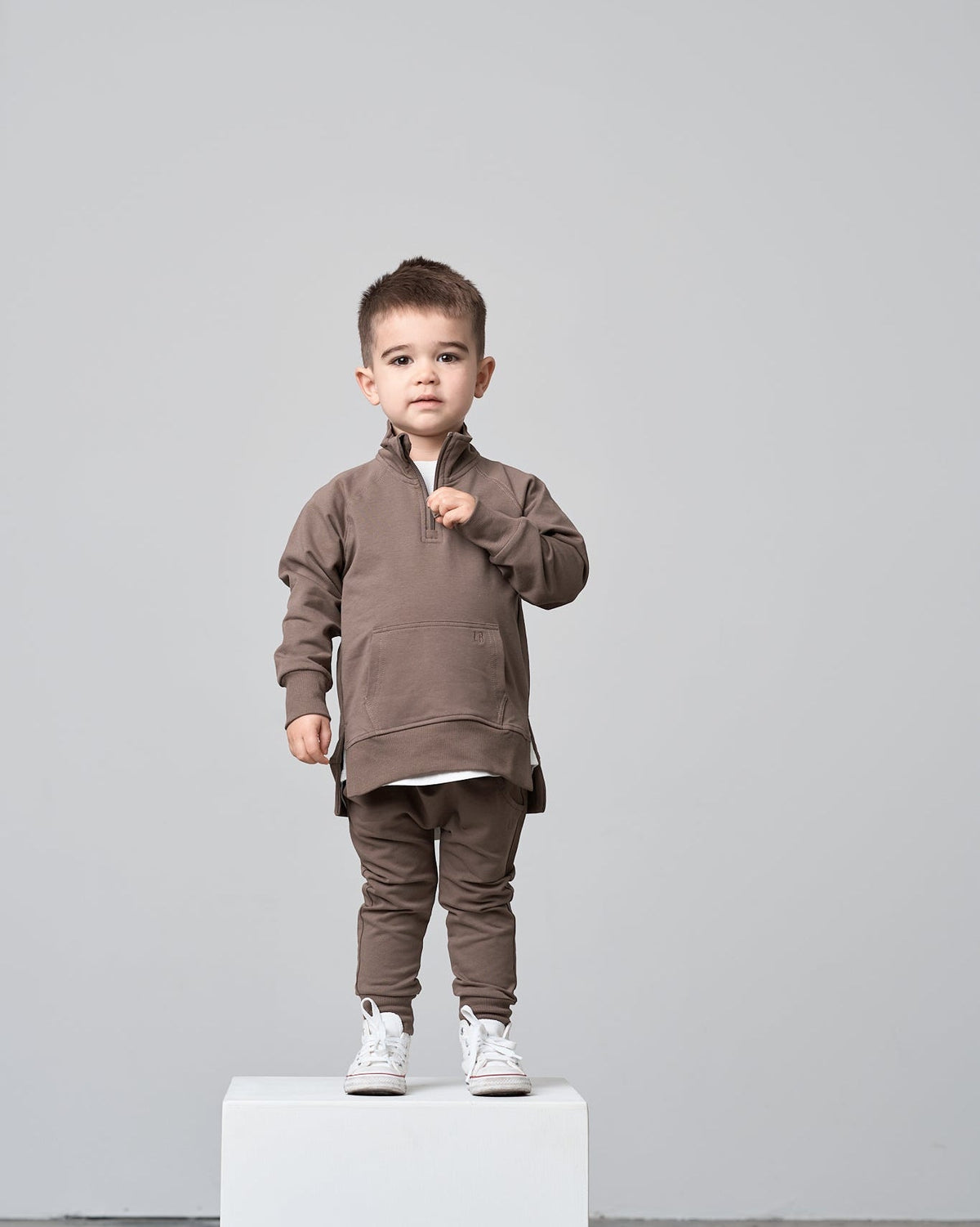 LITTLE BIPSY: QUARTER ZIP PULLOVER & JOGGER SET- COCOA