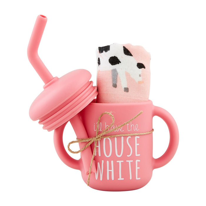 MUD PIE: I'LL HAVE THE HOUSE WHITE SILICONE CUP & MUSLIN BIB SET - PINK