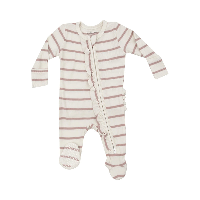 ANGEL DEAR: 2 WAY RUFFLE ZIPPER FOOTIE - MODAL RIB FRENCH STRIPE - MISTY ROSE