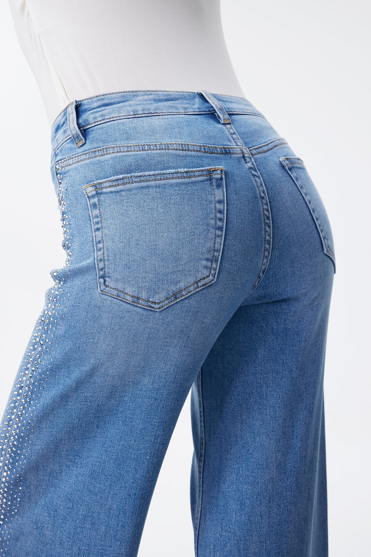 BAYEAS: MID RISE RHINESTONE WIDE LEG JEANS