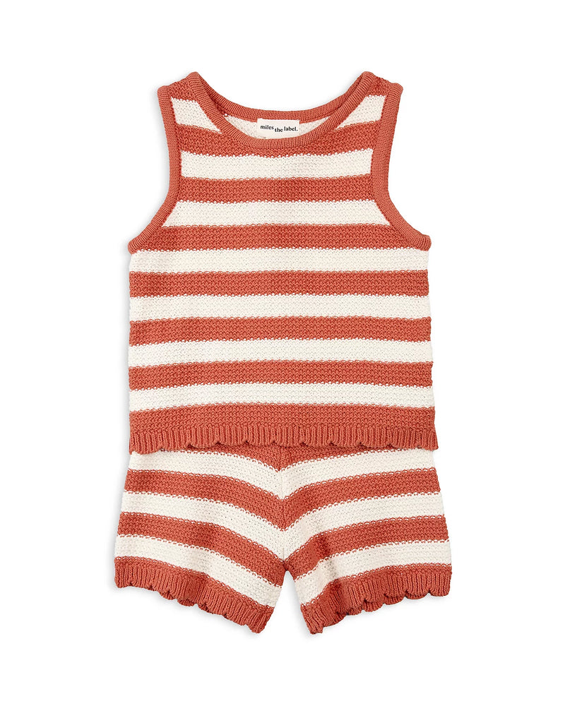 MILES THE LABEL: CROCHET KNIT TOP & SHORTS SET - CORAL STRIPE