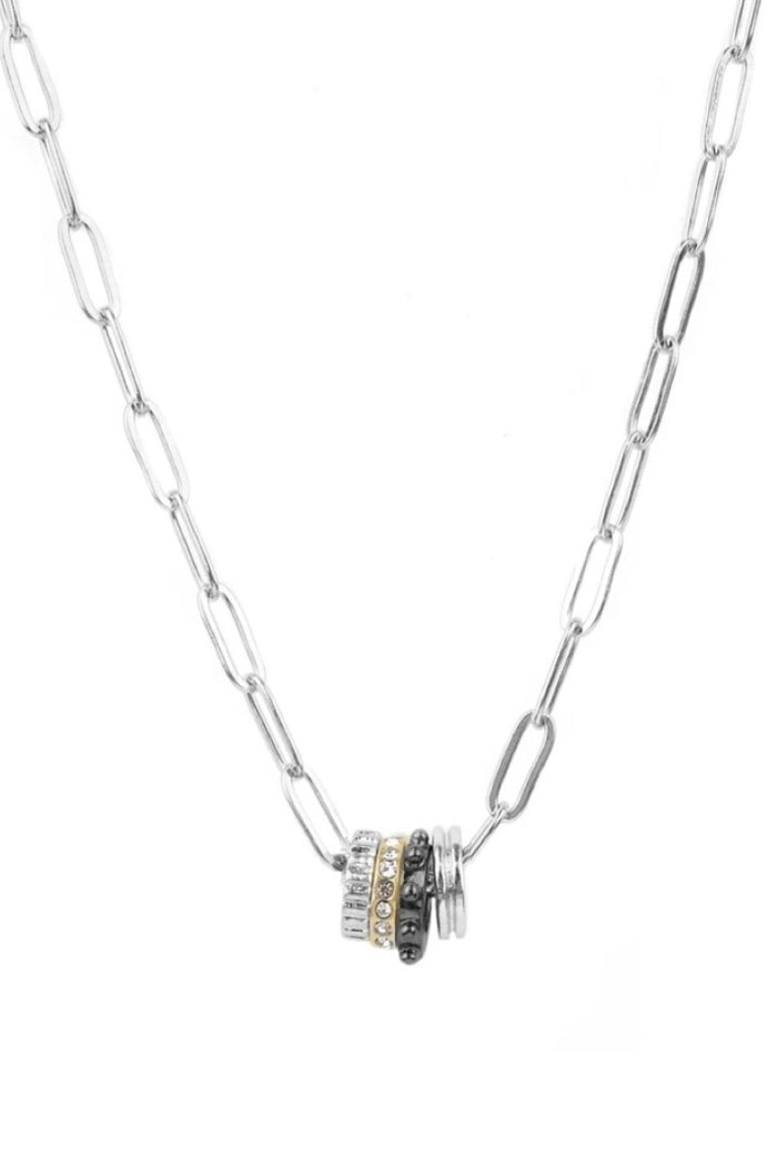 MARLYN SCHIFF: MIXED METAL MULTI-RING NECKLACE - SILVER