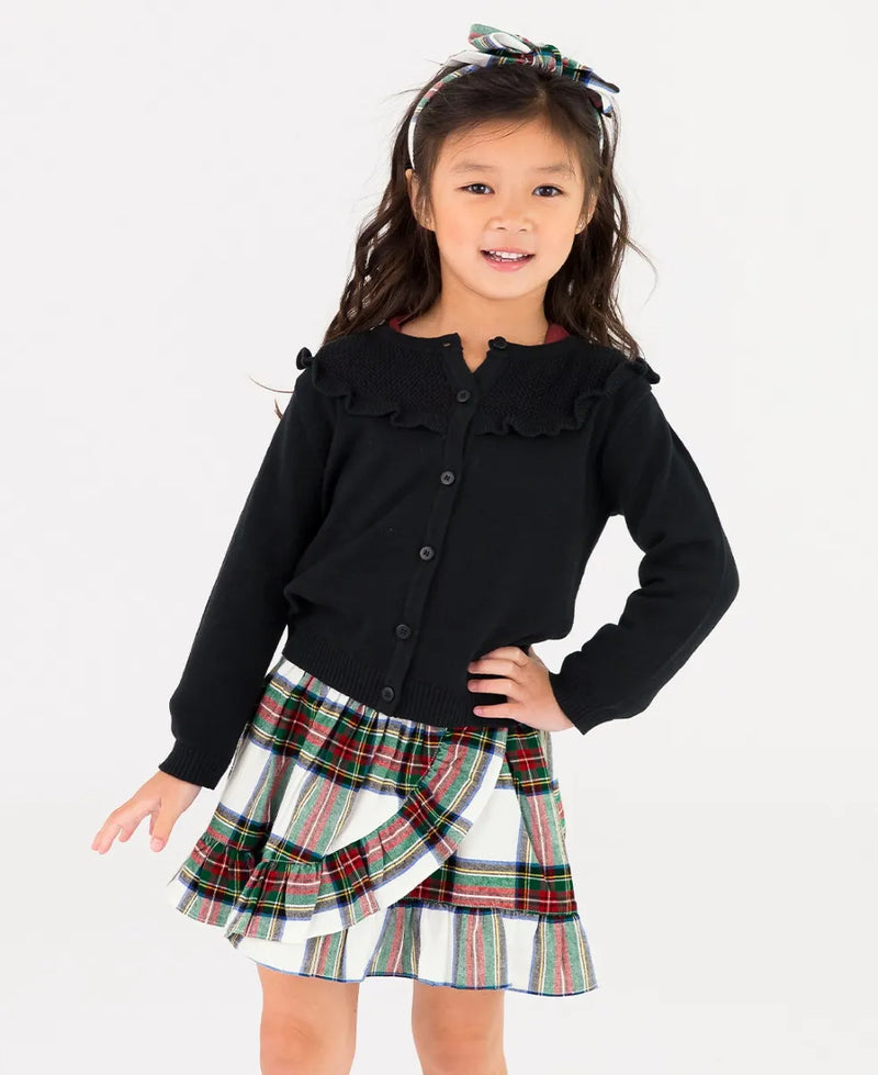 RUFFLE BUTTS: SWEATER KNIT RUFFLE TRIM CARDIGAN - BLACK