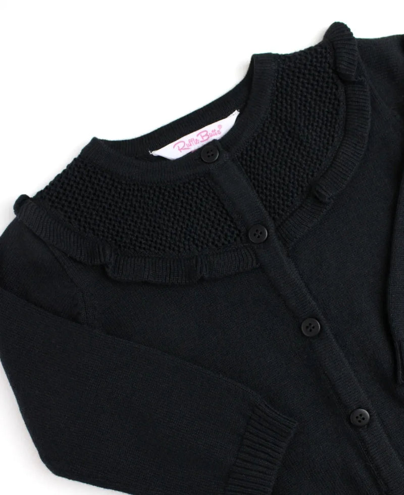 RUFFLE BUTTS: SWEATER KNIT RUFFLE TRIM CARDIGAN - BLACK