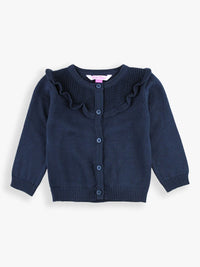 RUFFLE BUTTS: SWEATER KNIT RUFFLE TRIM CARDIGAN - DARK NAVY