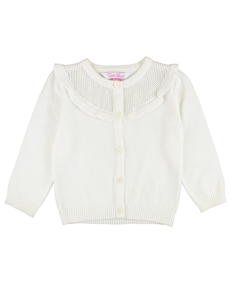 RUFFLE BUTTS: SWEATER KNIT RUFFLE TRIM CARDIGAN - OFF WHITE