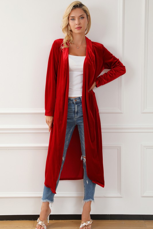 VELVET OPEN LONG CARDIGAN DUSTER - RED