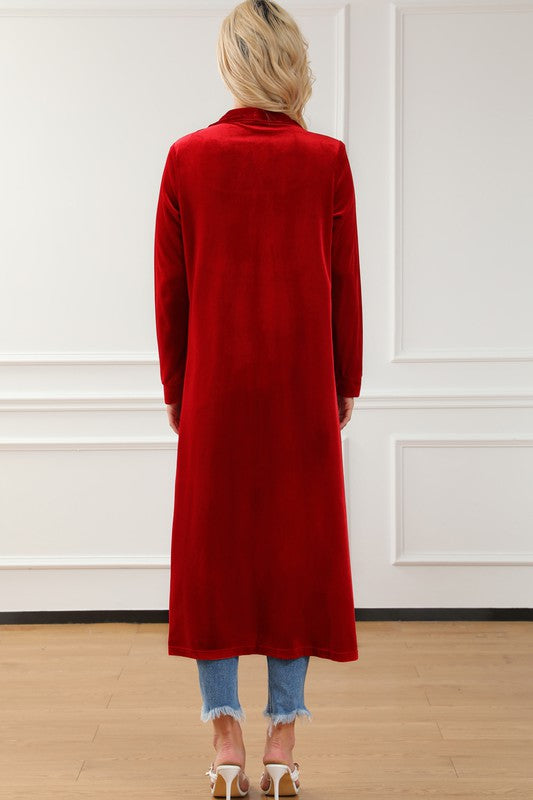 VELVET OPEN LONG CARDIGAN DUSTER - RED