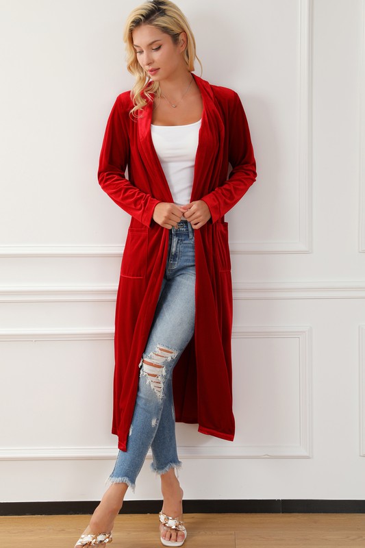 VELVET OPEN LONG CARDIGAN DUSTER - RED