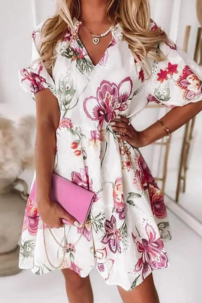 FLORAL PRINT V NECK CASUAL DRESS