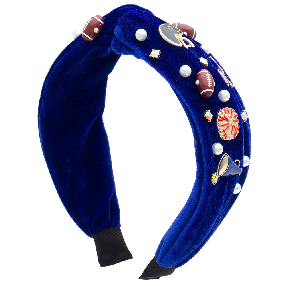 VELVET FOOTBALL CHARM KNOTTED HEADBAND - BLUE