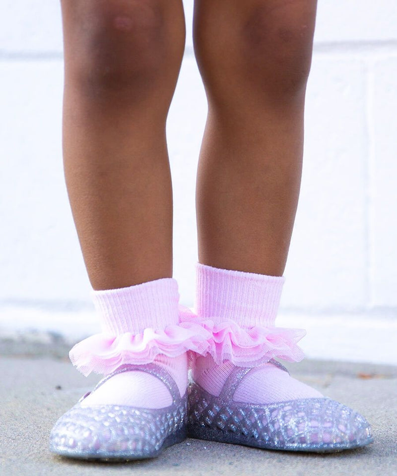 JEFFERIES SOCKS: RUFFLE/RIPPLE/LACE TURN CUFF SOCKS (3-PACK) - WHITE/PINK