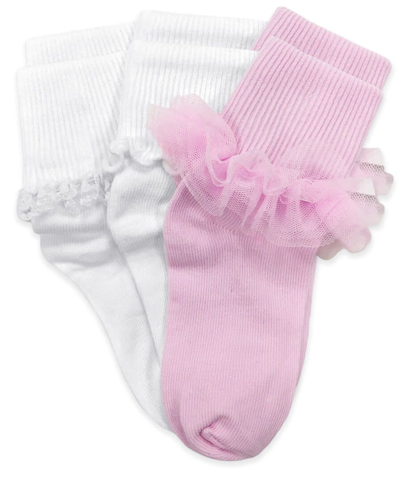 JEFFERIES SOCKS: RUFFLE/RIPPLE/LACE TURN CUFF SOCKS (3-PACK) - WHITE/PINK