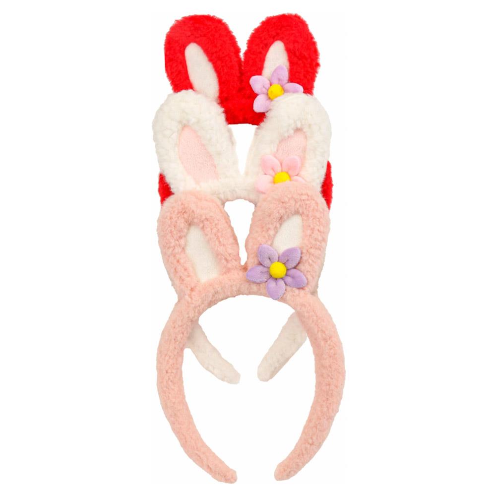 PLUSH BUNNY EAR HEADBAND WITH FLOWER DECORATION
