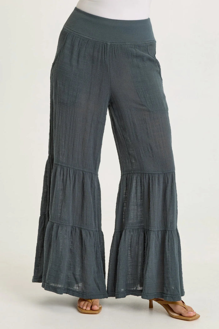 XCVI: LANDO GAUZE TIERED-BOTTOM PANT IN HAWTHORN LEAF