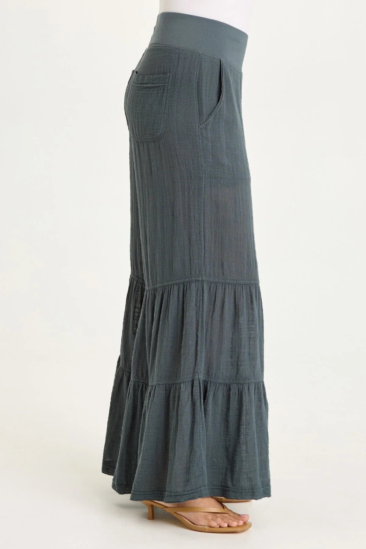 XCVI: LANDO GAUZE TIERED-BOTTOM PANT IN HAWTHORN LEAF