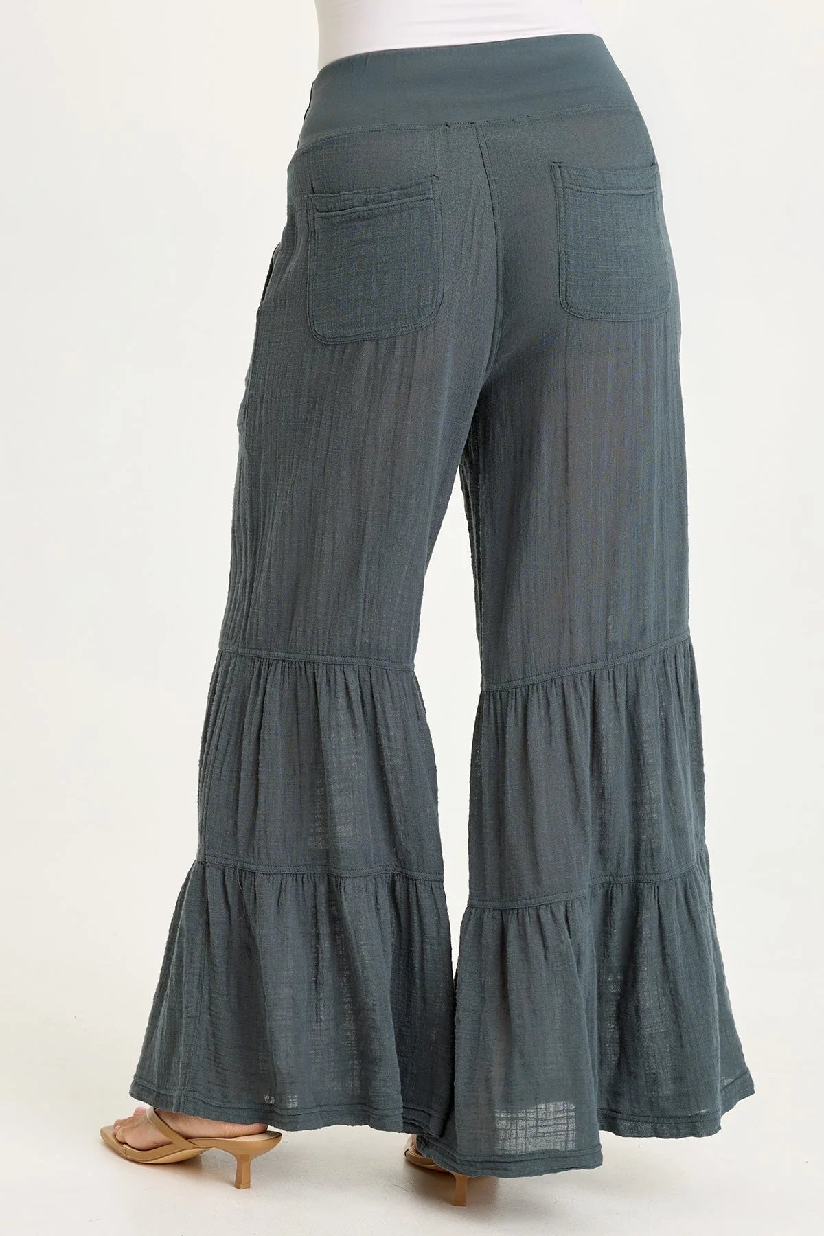 XCVI: LANDO GAUZE TIERED-BOTTOM PANT IN HAWTHORN LEAF