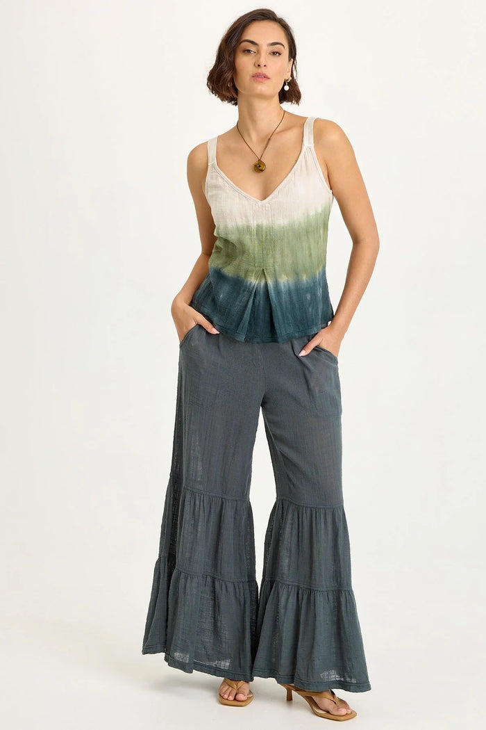 XCVI: LANDO GAUZE TIERED-BOTTOM PANT IN HAWTHORN LEAF