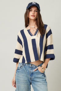 NAVY VERTICLE STRIPED SLOUCHY SWEATER