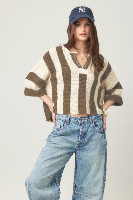 BROWN VERTICAL STRIPED SLOUCHY SWEATER