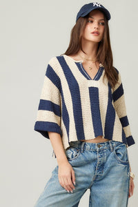 NAVY VERTICLE STRIPED SLOUCHY SWEATER