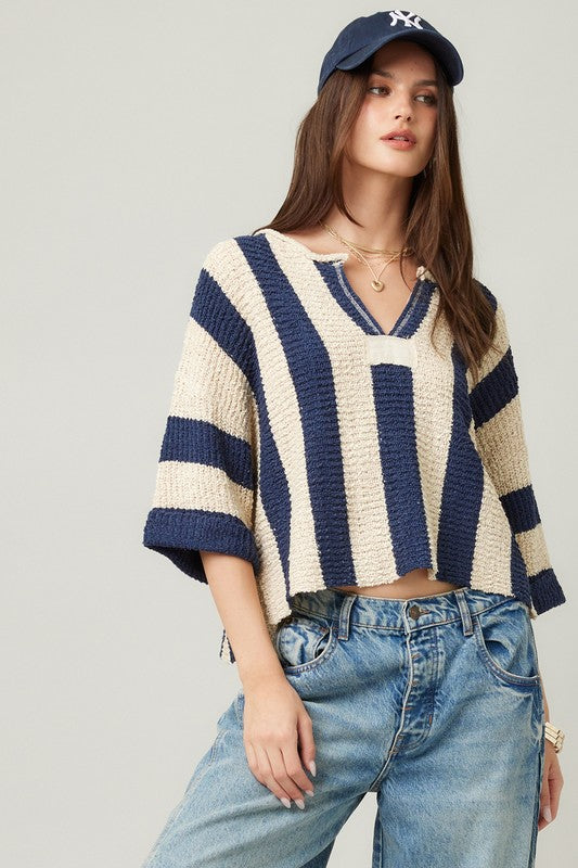 NAVY VERTICLE STRIPED SLOUCHY SWEATER
