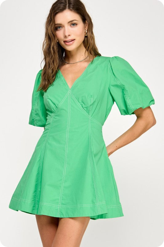 TOP STITCH MINI DRESS - SUMMER GREEN