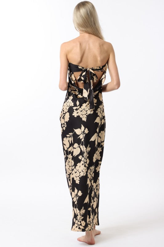 STRAPLESS TIE BACK COWL BACK MAXI DRESS - BLACK/CREAM