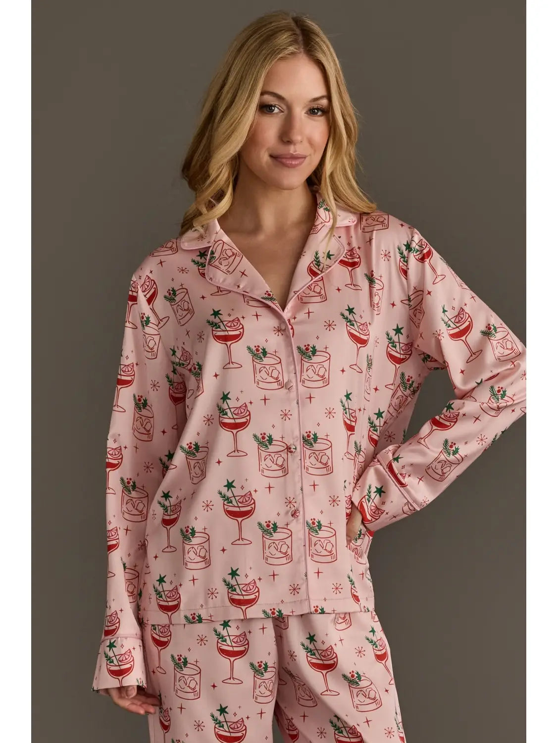 PANACHE: LT. PINK CHRISTMAS COCKTAILS SATIN PAJAMA SET