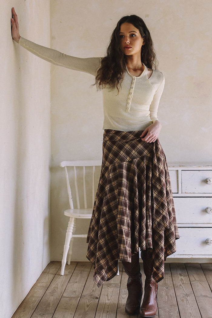 ASYMMETRICAL PLAID MAXI SKIRT