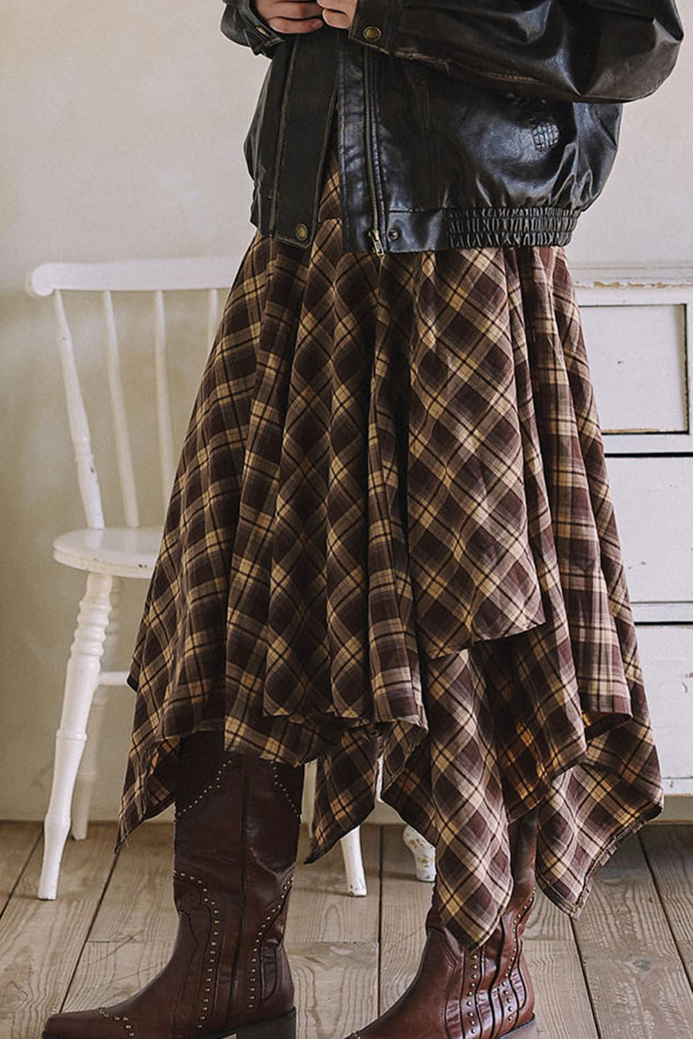 ASYMMETRICAL PLAID MAXI SKIRT