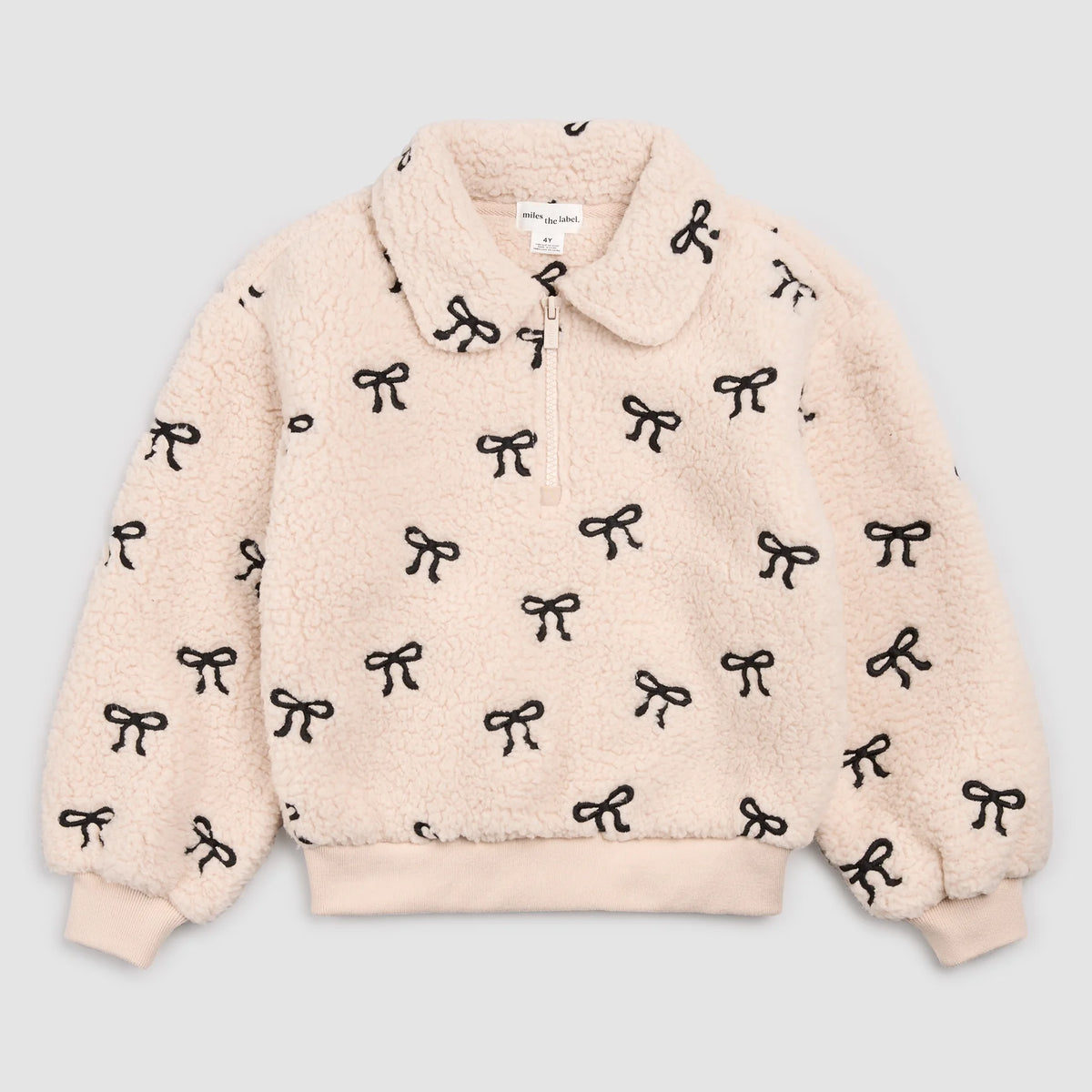 MILES THE LABEL: EMBROIDERED BOW SHERPA HALF-ZIP PULL-OVER