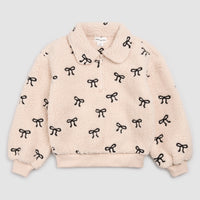 MILES THE LABEL: EMBROIDERED BOW SHERPA HALF-ZIP PULL-OVER