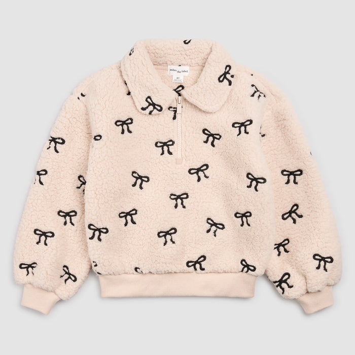 MILES THE LABEL: EMBROIDERED BOW SHERPA HALF-ZIP PULL-OVER