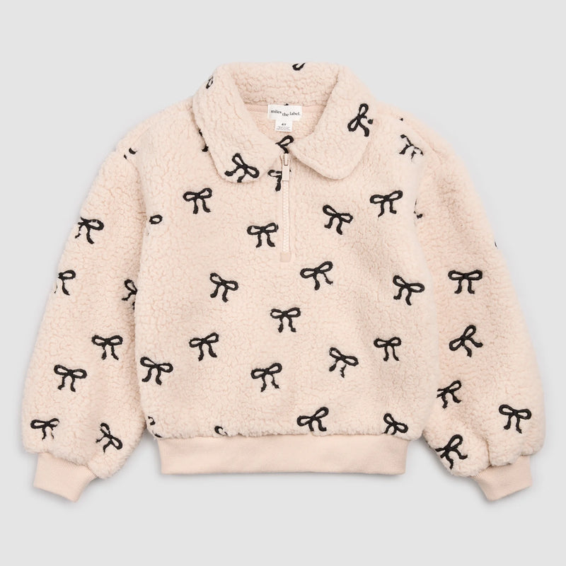 MILES THE LABEL: EMBROIDERED BOW SHERPA HALF-ZIP PULL-OVER