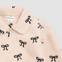 MILES THE LABEL: EMBROIDERED BOW SHERPA HALF-ZIP PULL-OVER