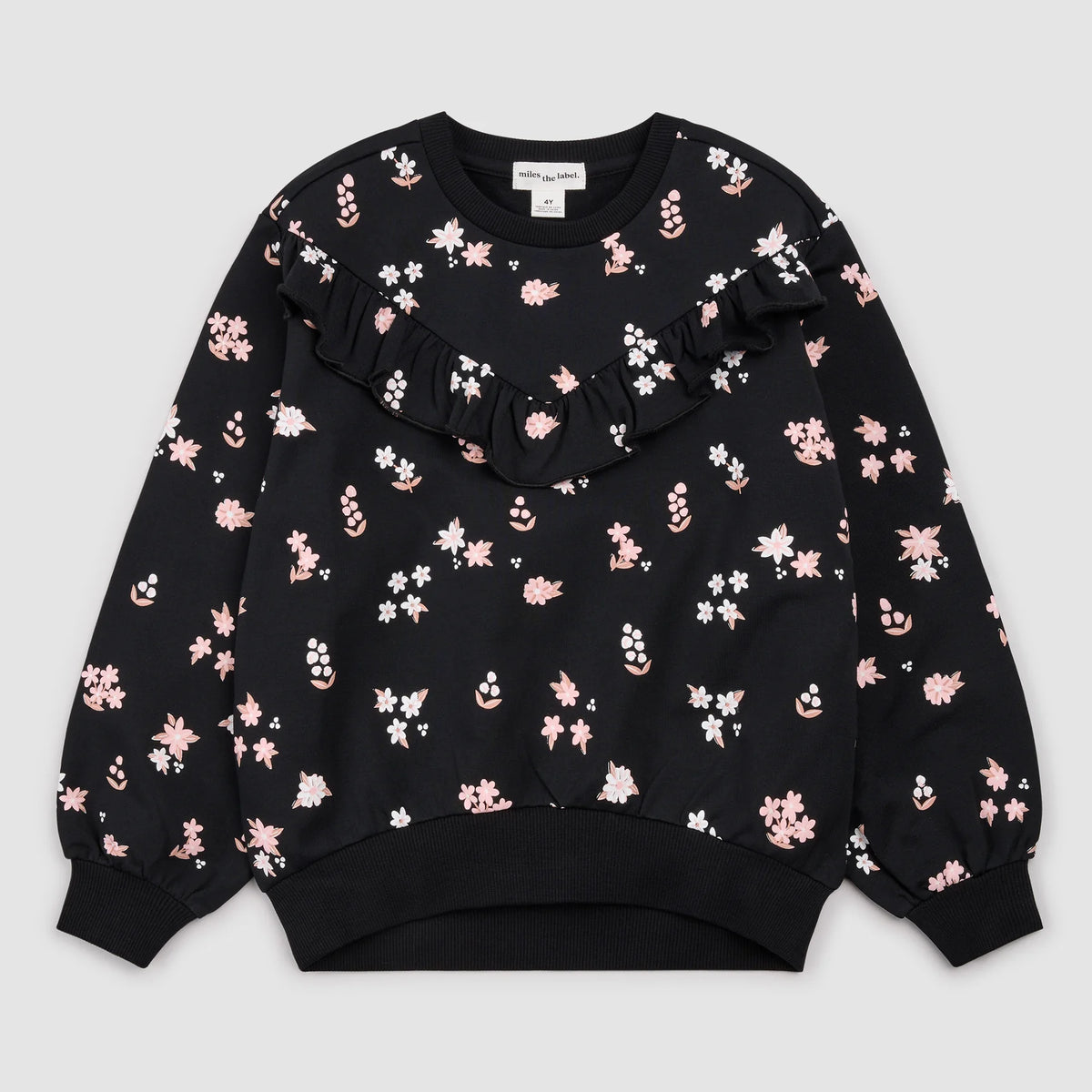 MILES THE LABEL: PINK FLOWER PRINK FLEECE SWEATSHIRT - BLACK