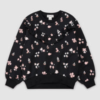 MILES THE LABEL: PINK FLOWER PRINK FLEECE SWEATSHIRT - BLACK
