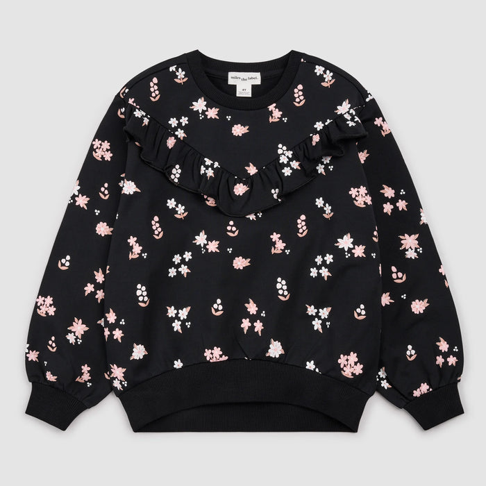 MILES THE LABEL: PINK FLOWER PRINK FLEECE SWEATSHIRT - BLACK
