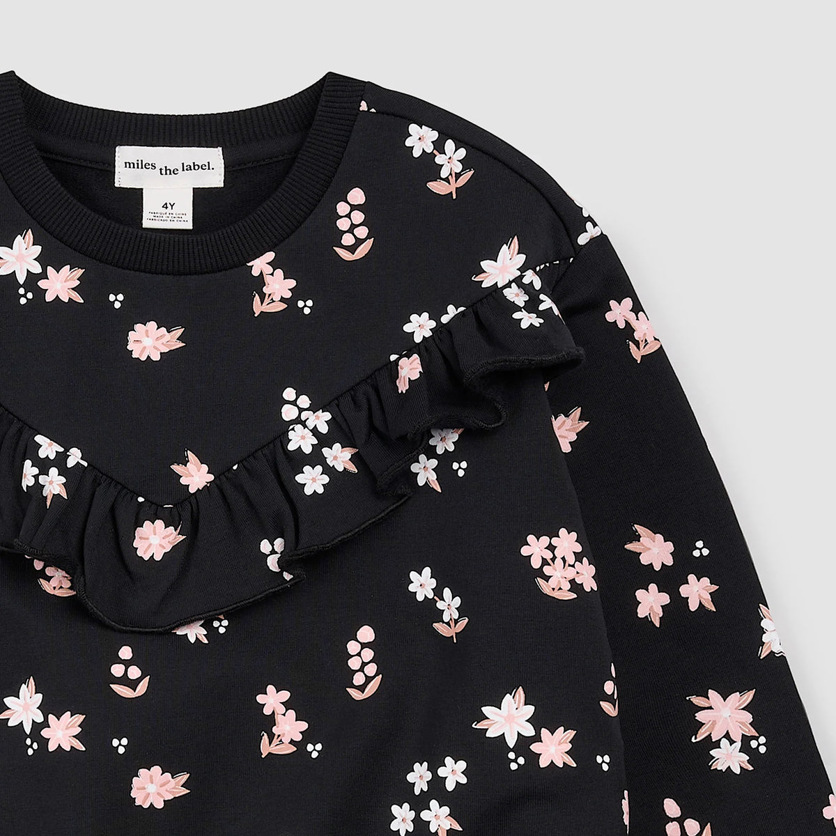 MILES THE LABEL: PINK FLOWER PRINK FLEECE SWEATSHIRT - BLACK