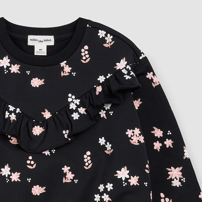MILES THE LABEL: PINK FLOWER PRINK FLEECE SWEATSHIRT - BLACK