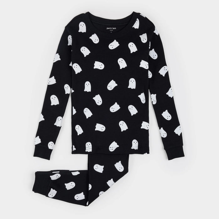 PETIT LEM: KIDS GLOW IN THE DARK GHOST PJ SET: BLACK
