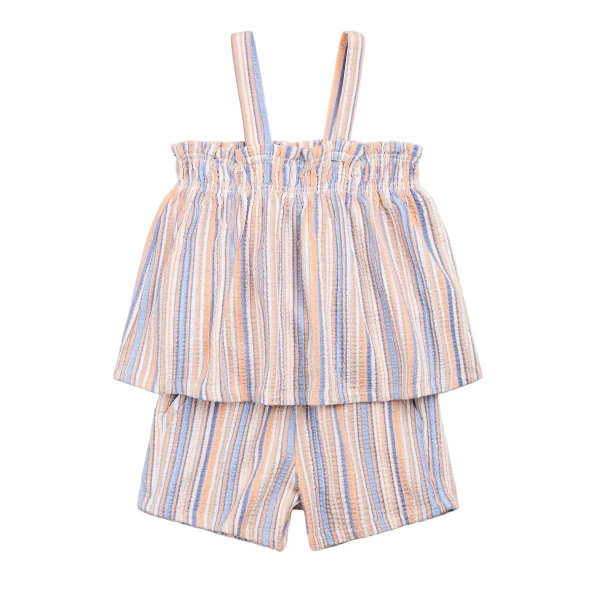 MILES THE LABEL: PEACH AND POWDERED BLUE STRIPE SHORT SET