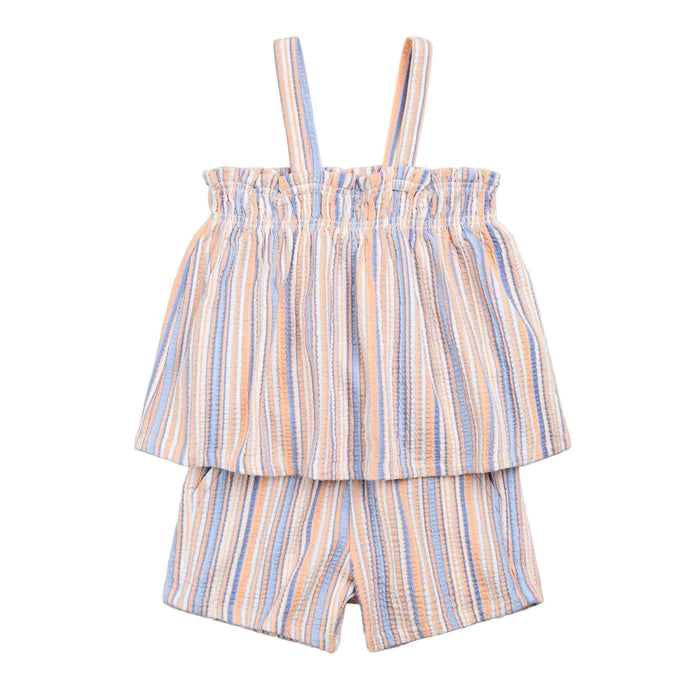 MILES THE LABEL: PEACH AND POWDERED BLUE STRIPE SHORT SET