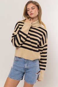 STRIPED TURTLENECK SWEATER - TAUPE/BLACK